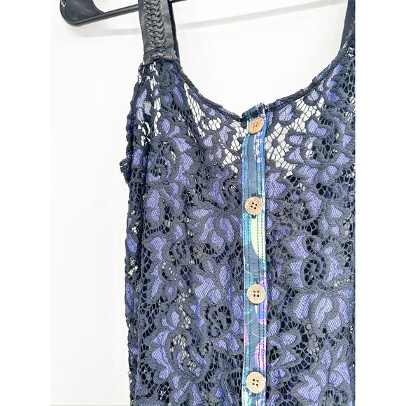 Maaji Blue Sheer Lace Button Front Lace Up Corset Back Swim Coverup Romper Sz M - Picture 3 of 9